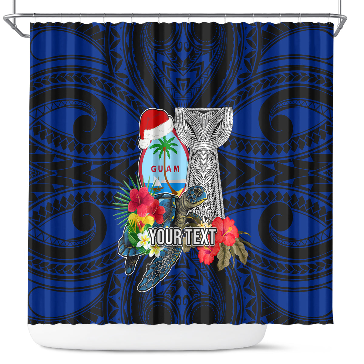 Custom Guam Christmas Shower Curtain Santa Gift Latte Stone and Sea Turle Mix Hibiscus Chamorro Blue Style LT03 red - Polynesian Pride