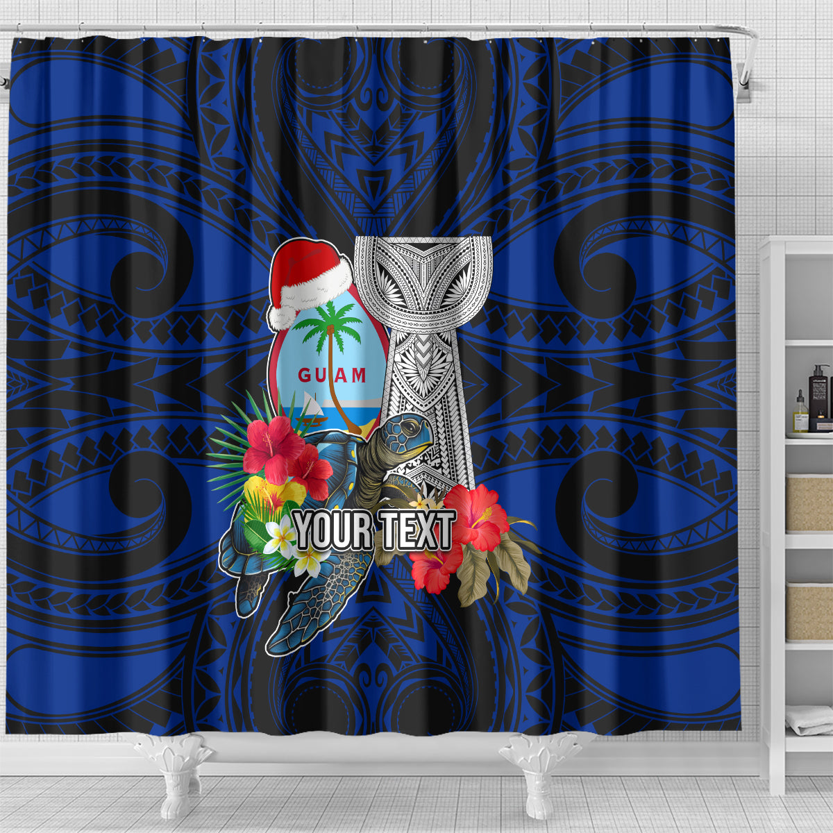 Custom Guam Christmas Shower Curtain Santa Gift Latte Stone and Sea Turle Mix Hibiscus Chamorro Blue Style LT03 - Polynesian Pride
