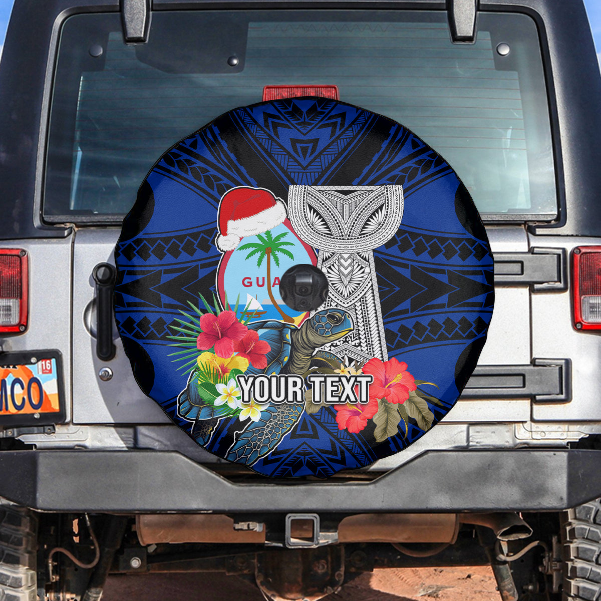Custom Guam Christmas Spare Tire Cover Santa Gift Latte Stone and Sea Turle Mix Hibiscus Chamorro Blue Style LT03 red - Polynesian Pride