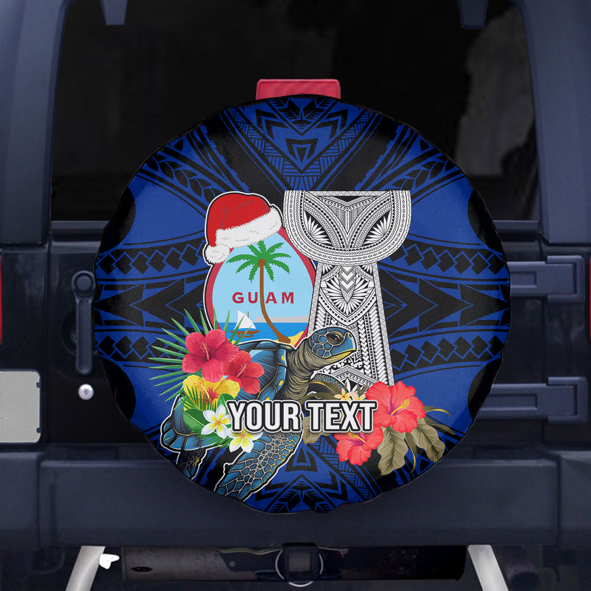 Custom Guam Christmas Spare Tire Cover Santa Gift Latte Stone and Sea Turle Mix Hibiscus Chamorro Blue Style LT03 - Polynesian Pride