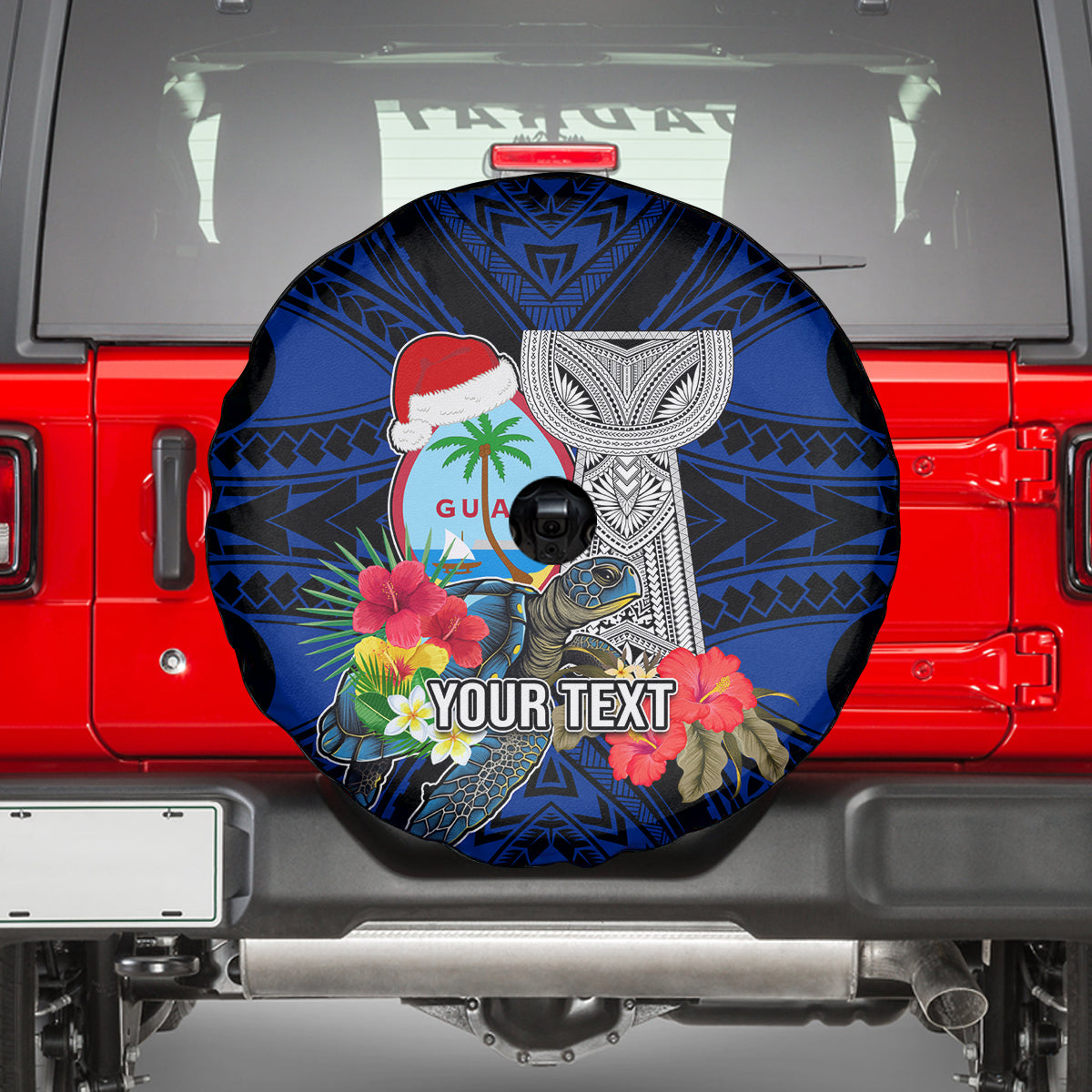 Custom Guam Christmas Spare Tire Cover Santa Gift Latte Stone and Sea Turle Mix Hibiscus Chamorro Blue Style LT03 - Polynesian Pride