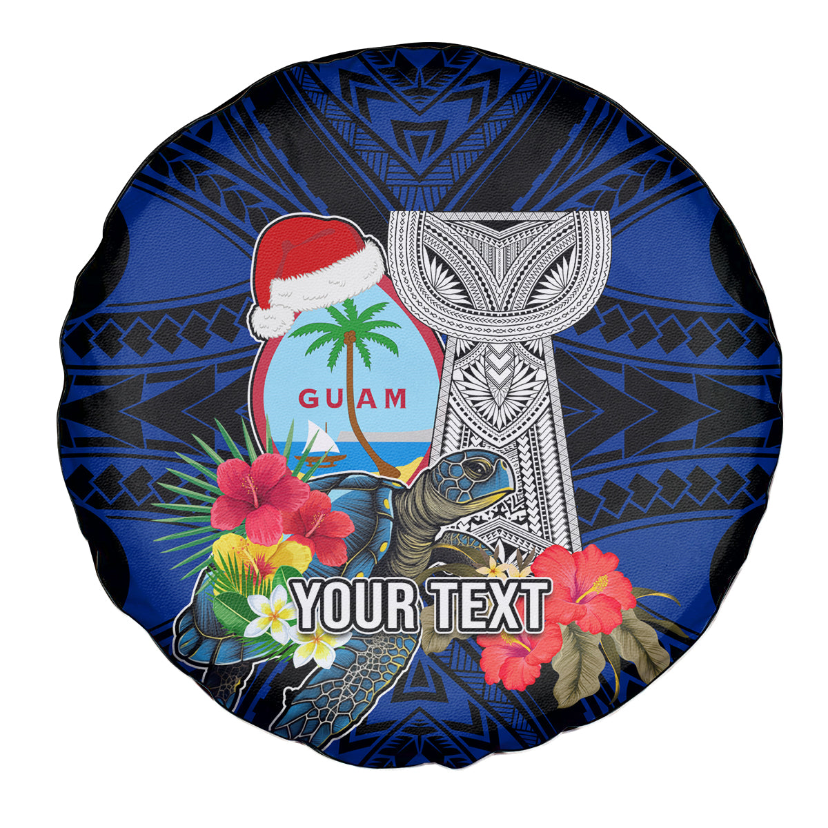 Custom Guam Christmas Spare Tire Cover Santa Gift Latte Stone and Sea Turle Mix Hibiscus Chamorro Blue Style LT03 - Polynesian Pride