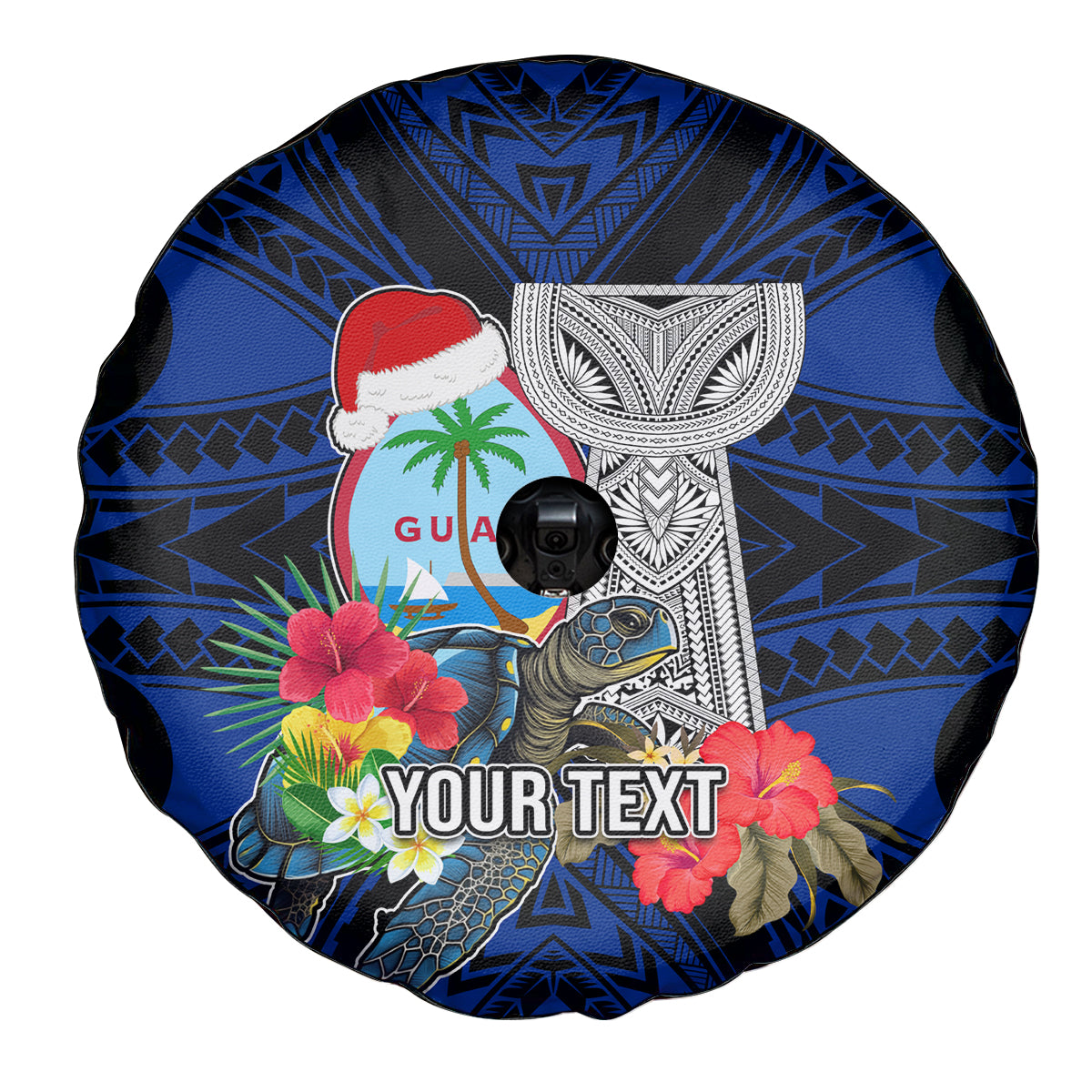 Custom Guam Christmas Spare Tire Cover Santa Gift Latte Stone and Sea Turle Mix Hibiscus Chamorro Blue Style LT03 - Polynesian Pride
