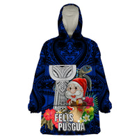 Custom Guam Christmas Wearable Blanket Hoodie Santa Gift Latte Stone and Sea Turle Mix Hibiscus Chamorro Blue Style LT03 One Size Blue - Polynesian Pride