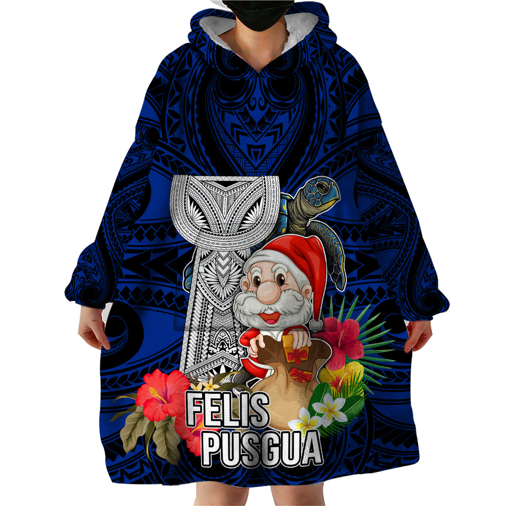 Custom Guam Christmas Wearable Blanket Hoodie Santa Gift Latte Stone and Sea Turle Mix Hibiscus Chamorro Blue Style LT03 - Polynesian Pride