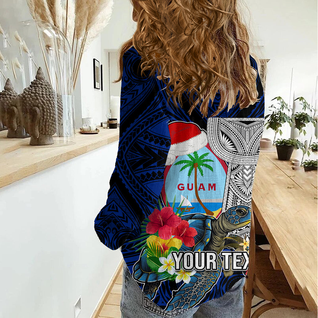 Custom Guam Christmas Women Casual Shirt Santa Gift Latte Stone and Sea Turle Mix Hibiscus Chamorro Blue Style LT03 - Polynesian Pride