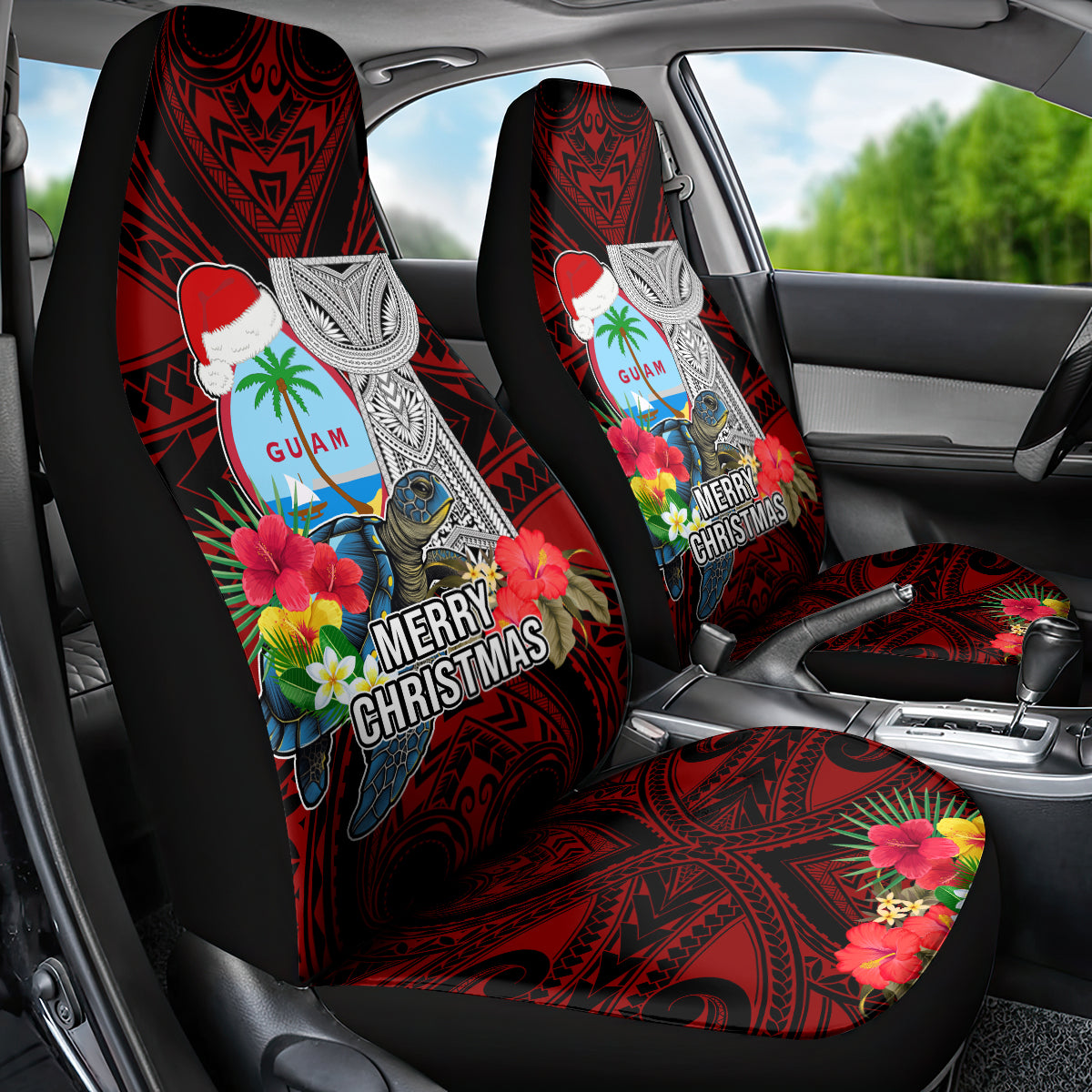 Guam Christmas Car Seat Cover Santa Gift Latte Stone and Sea Turle Mix Hibiscus Chamorro Red Style LT03 - Polynesian Pride