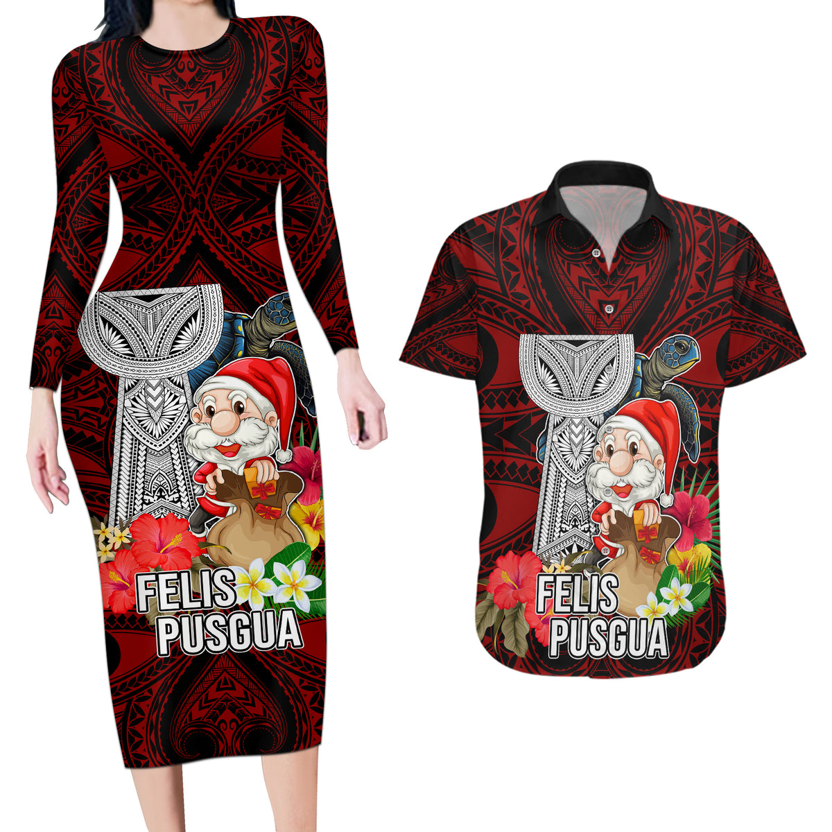 Guam Christmas Couples Matching Long Sleeve Bodycon Dress and Hawaiian Shirt Santa Gift Latte Stone and Sea Turle Mix Hibiscus Chamorro Red Style LT03 Red - Polynesian Pride