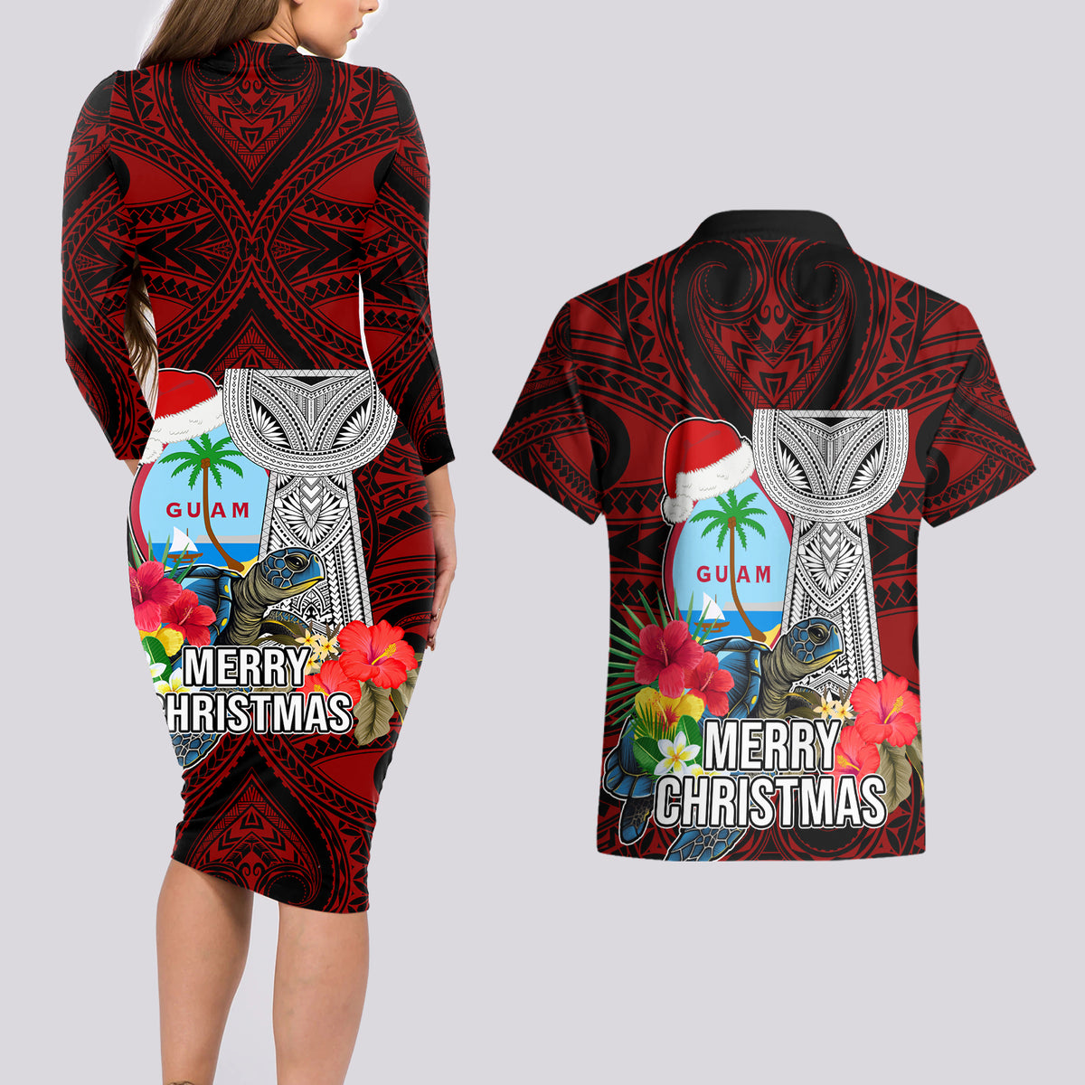 Guam Christmas Couples Matching Long Sleeve Bodycon Dress and Hawaiian Shirt Santa Gift Latte Stone and Sea Turle Mix Hibiscus Chamorro Red Style LT03 - Polynesian Pride