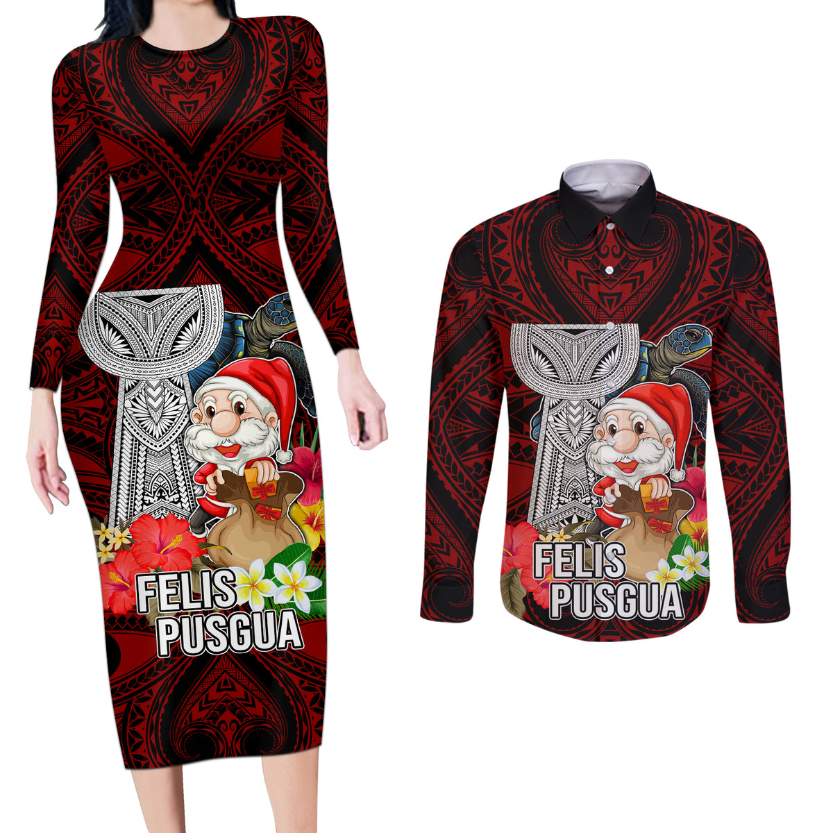Guam Christmas Couples Matching Long Sleeve Bodycon Dress and Long Sleeve Button Shirt Santa Gift Latte Stone and Sea Turle Mix Hibiscus Chamorro Red Style LT03 Red - Polynesian Pride