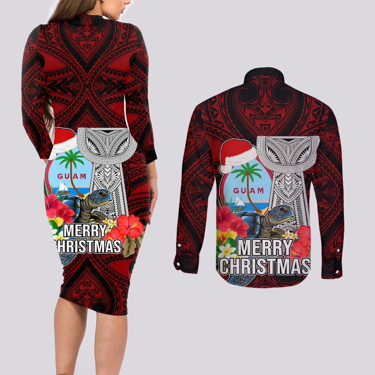 Guam Christmas Couples Matching Long Sleeve Bodycon Dress and Long Sleeve Button Shirt Santa Gift Latte Stone and Sea Turle Mix Hibiscus Chamorro Red Style LT03 - Polynesian Pride