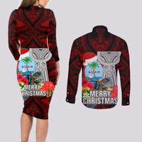 Guam Christmas Couples Matching Long Sleeve Bodycon Dress and Long Sleeve Button Shirt Santa Gift Latte Stone and Sea Turle Mix Hibiscus Chamorro Red Style LT03 - Polynesian Pride