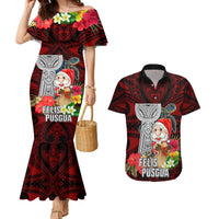 Guam Christmas Couples Matching Mermaid Dress and Hawaiian Shirt Santa Gift Latte Stone and Sea Turle Mix Hibiscus Chamorro Red Style LT03 Red - Polynesian Pride