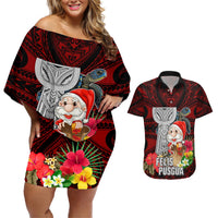 Guam Christmas Couples Matching Off Shoulder Short Dress and Hawaiian Shirt Santa Gift Latte Stone and Sea Turle Mix Hibiscus Chamorro Red Style LT03 Red - Polynesian Pride