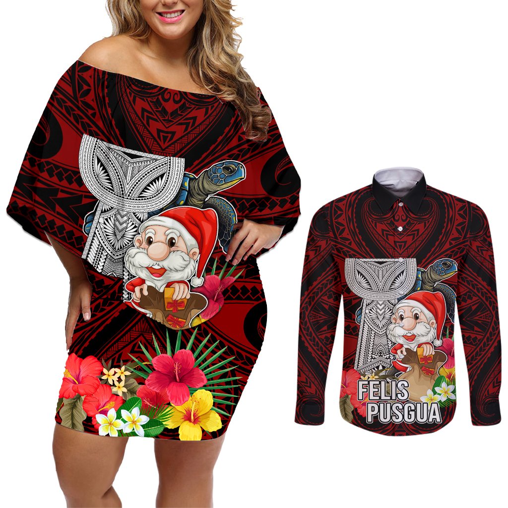 Guam Christmas Couples Matching Off Shoulder Short Dress and Long Sleeve Button Shirt Santa Gift Latte Stone and Sea Turle Mix Hibiscus Chamorro Red Style LT03 Red - Polynesian Pride