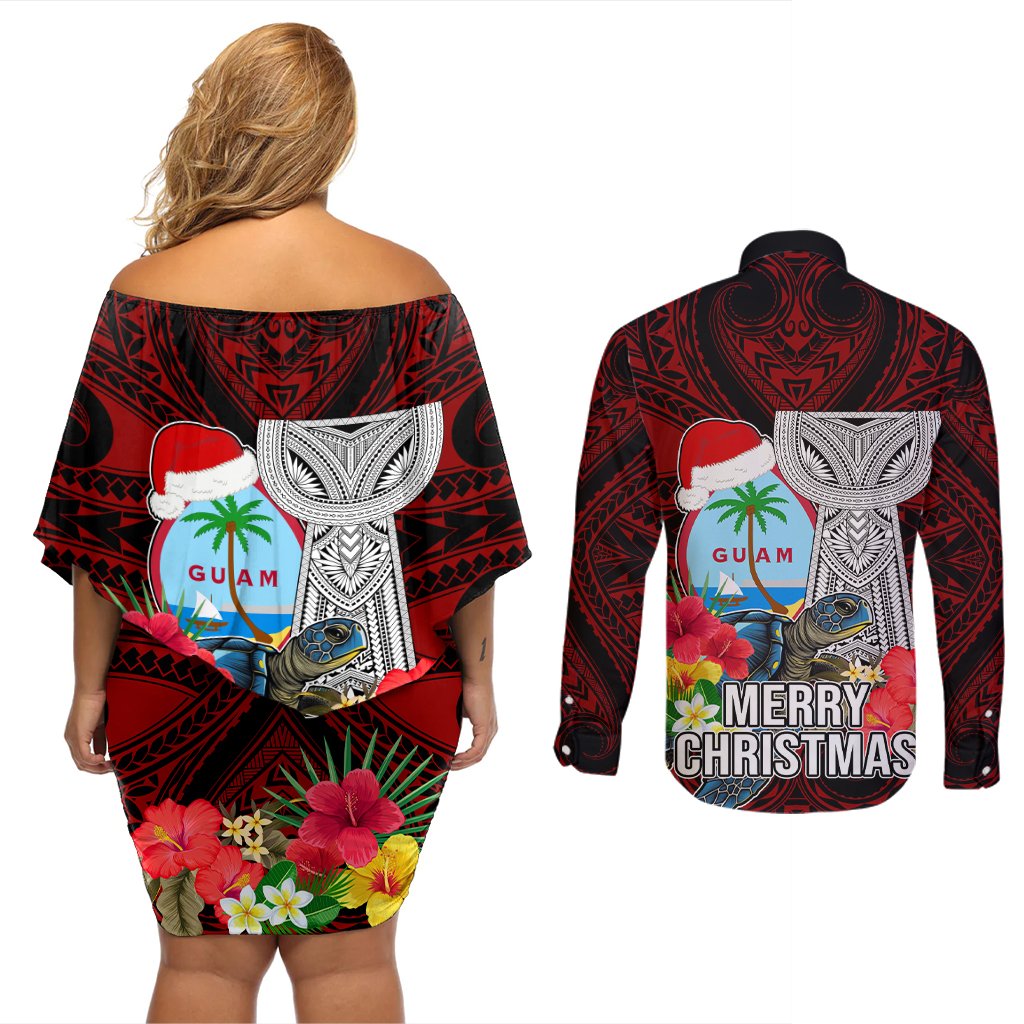 Guam Christmas Couples Matching Off Shoulder Short Dress and Long Sleeve Button Shirt Santa Gift Latte Stone and Sea Turle Mix Hibiscus Chamorro Red Style LT03 - Polynesian Pride