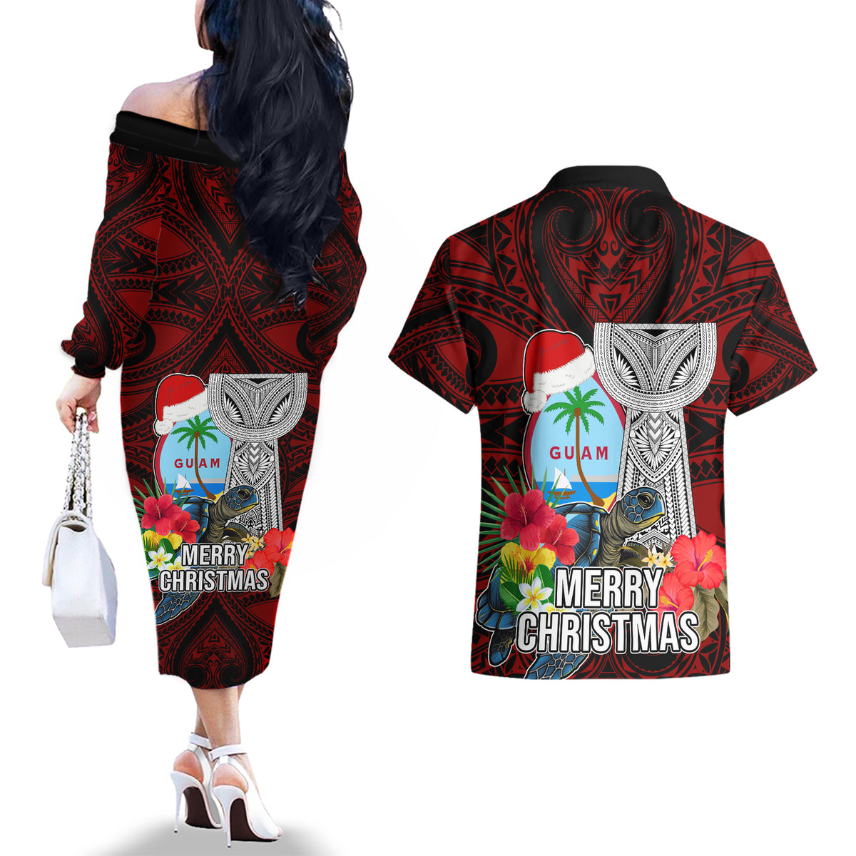 Guam Christmas Couples Matching Off The Shoulder Long Sleeve Dress and Hawaiian Shirt Santa Gift Latte Stone and Sea Turle Mix Hibiscus Chamorro Red Style LT03 - Polynesian Pride