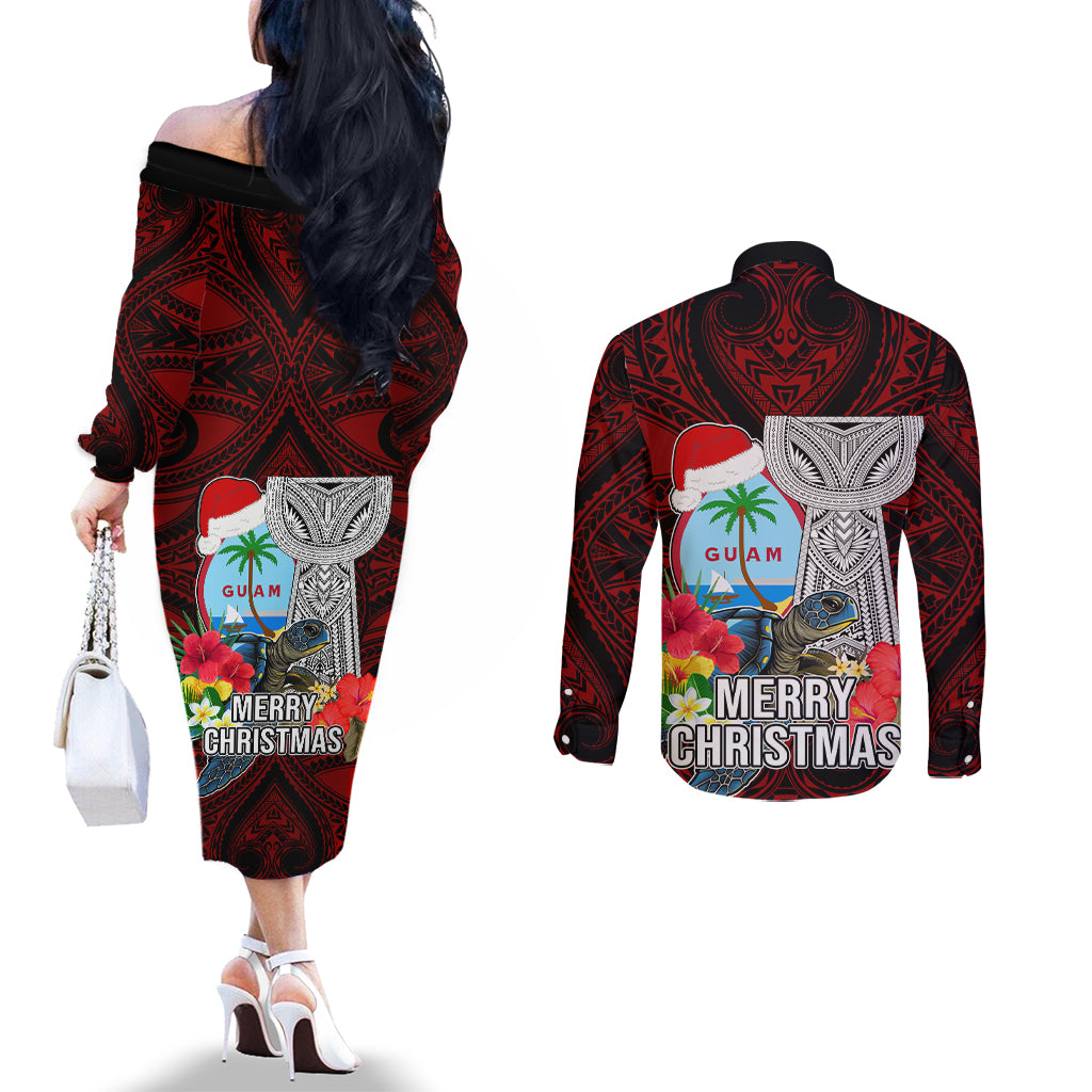 Guam Christmas Couples Matching Off The Shoulder Long Sleeve Dress and Long Sleeve Button Shirt Santa Gift Latte Stone and Sea Turle Mix Hibiscus Chamorro Red Style LT03 - Polynesian Pride