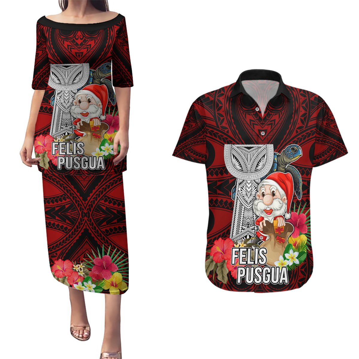 Guam Christmas Couples Matching Puletasi Dress and Hawaiian Shirt Santa Gift Latte Stone and Sea Turle Mix Hibiscus Chamorro Red Style LT03
