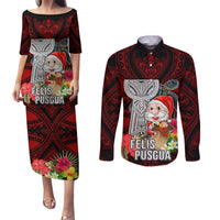Guam Christmas Couples Matching Puletasi Dress and Long Sleeve Button Shirt Santa Gift Latte Stone and Sea Turle Mix Hibiscus Chamorro Red Style LT03 Red - Polynesian Pride