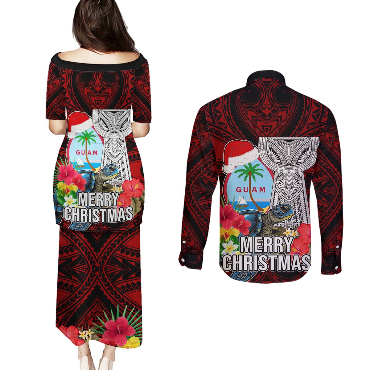 Guam Christmas Couples Matching Puletasi Dress and Long Sleeve Button Shirt Santa Gift Latte Stone and Sea Turle Mix Hibiscus Chamorro Red Style LT03 - Polynesian Pride