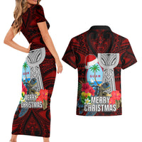 Guam Christmas Couples Matching Short Sleeve Bodycon Dress and Hawaiian Shirt Santa Gift Latte Stone and Sea Turle Mix Hibiscus Chamorro Red Style LT03 - Polynesian Pride
