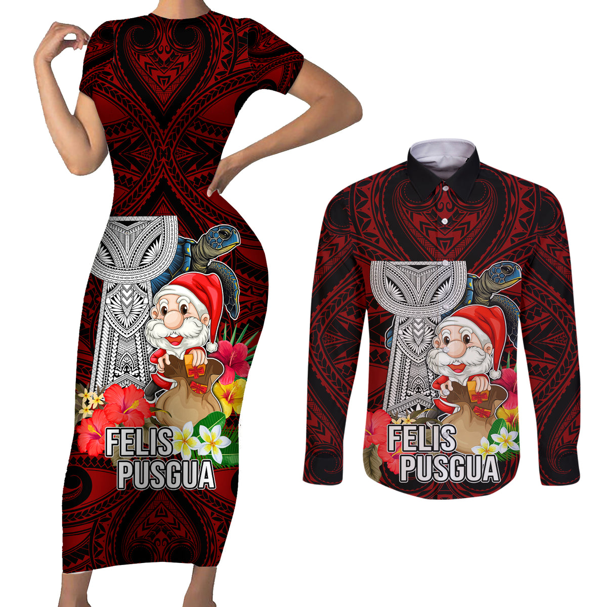 Guam Christmas Couples Matching Short Sleeve Bodycon Dress and Long Sleeve Button Shirt Santa Gift Latte Stone and Sea Turle Mix Hibiscus Chamorro Red Style LT03 Red - Polynesian Pride