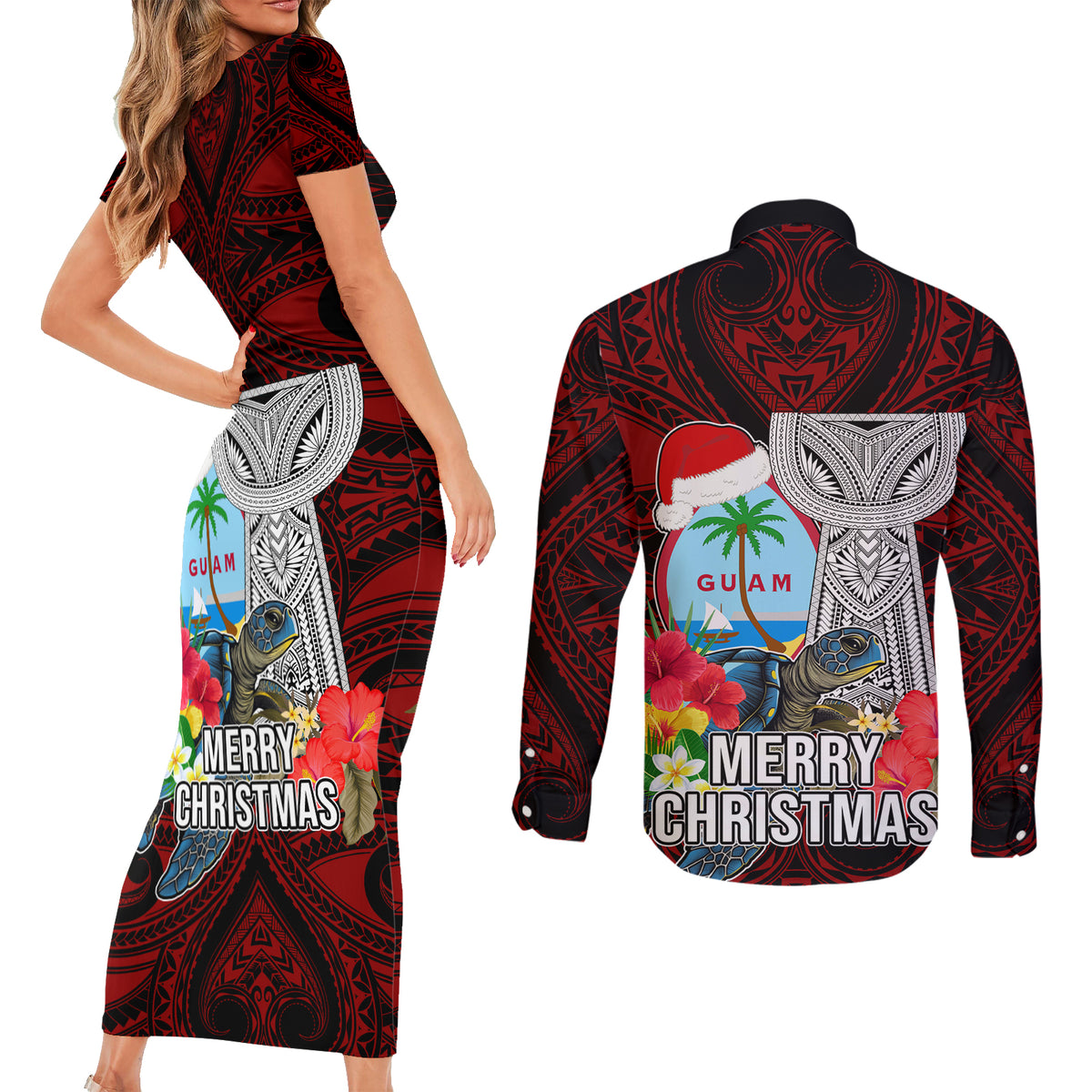 Guam Christmas Couples Matching Short Sleeve Bodycon Dress and Long Sleeve Button Shirt Santa Gift Latte Stone and Sea Turle Mix Hibiscus Chamorro Red Style LT03 - Polynesian Pride