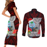 Guam Christmas Couples Matching Short Sleeve Bodycon Dress and Long Sleeve Button Shirt Santa Gift Latte Stone and Sea Turle Mix Hibiscus Chamorro Red Style LT03 - Polynesian Pride
