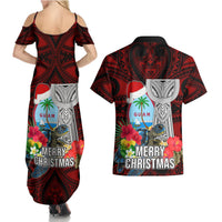 Guam Christmas Couples Matching Summer Maxi Dress and Hawaiian Shirt Santa Gift Latte Stone and Sea Turle Mix Hibiscus Chamorro Red Style LT03 - Polynesian Pride