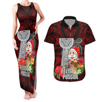 Guam Christmas Couples Matching Tank Maxi Dress and Hawaiian Shirt Santa Gift Latte Stone and Sea Turle Mix Hibiscus Chamorro Red Style LT03 Red - Polynesian Pride