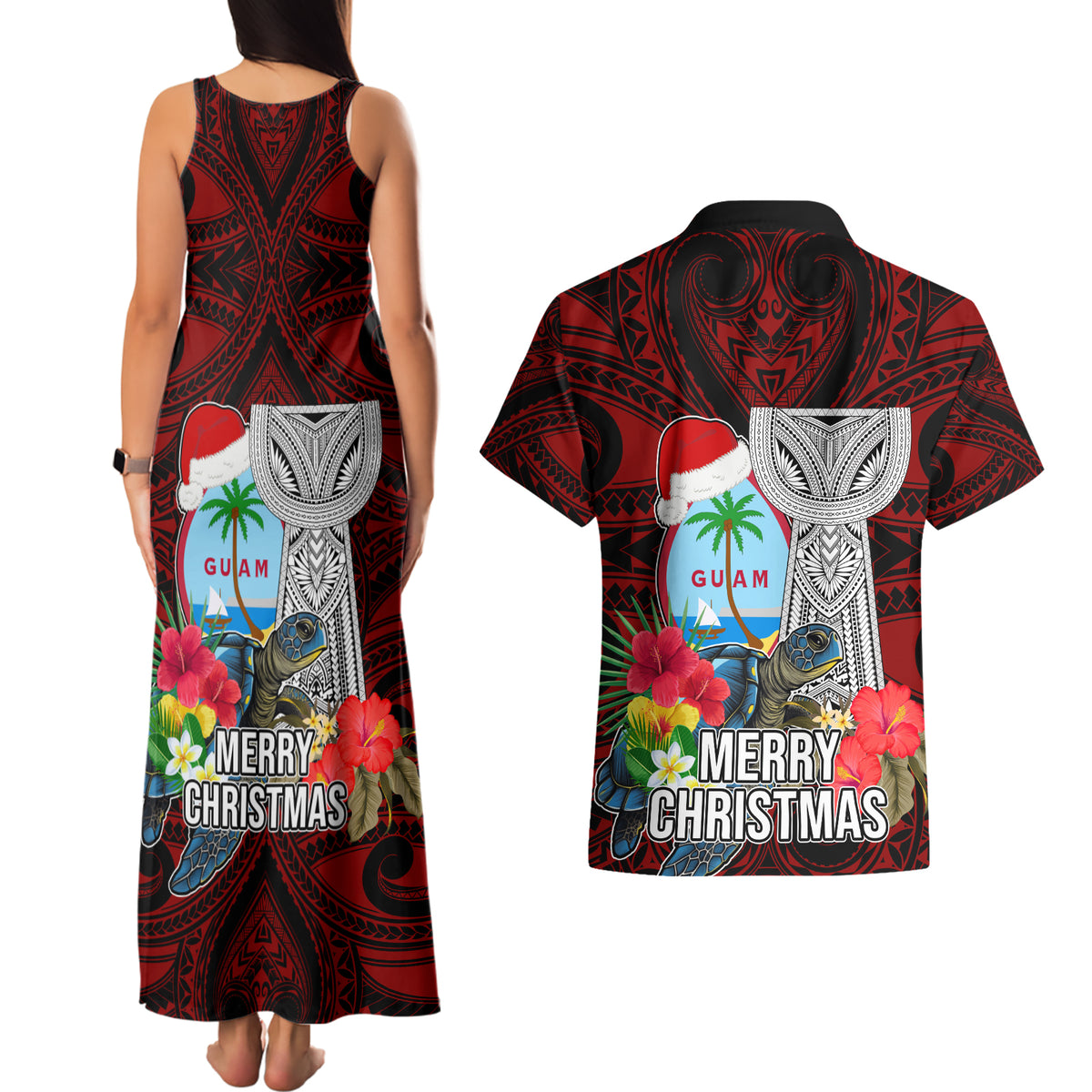 Guam Christmas Couples Matching Tank Maxi Dress and Hawaiian Shirt Santa Gift Latte Stone and Sea Turle Mix Hibiscus Chamorro Red Style LT03 - Polynesian Pride