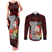 Guam Christmas Couples Matching Tank Maxi Dress and Long Sleeve Button Shirt Santa Gift Latte Stone and Sea Turle Mix Hibiscus Chamorro Red Style LT03 Red - Polynesian Pride