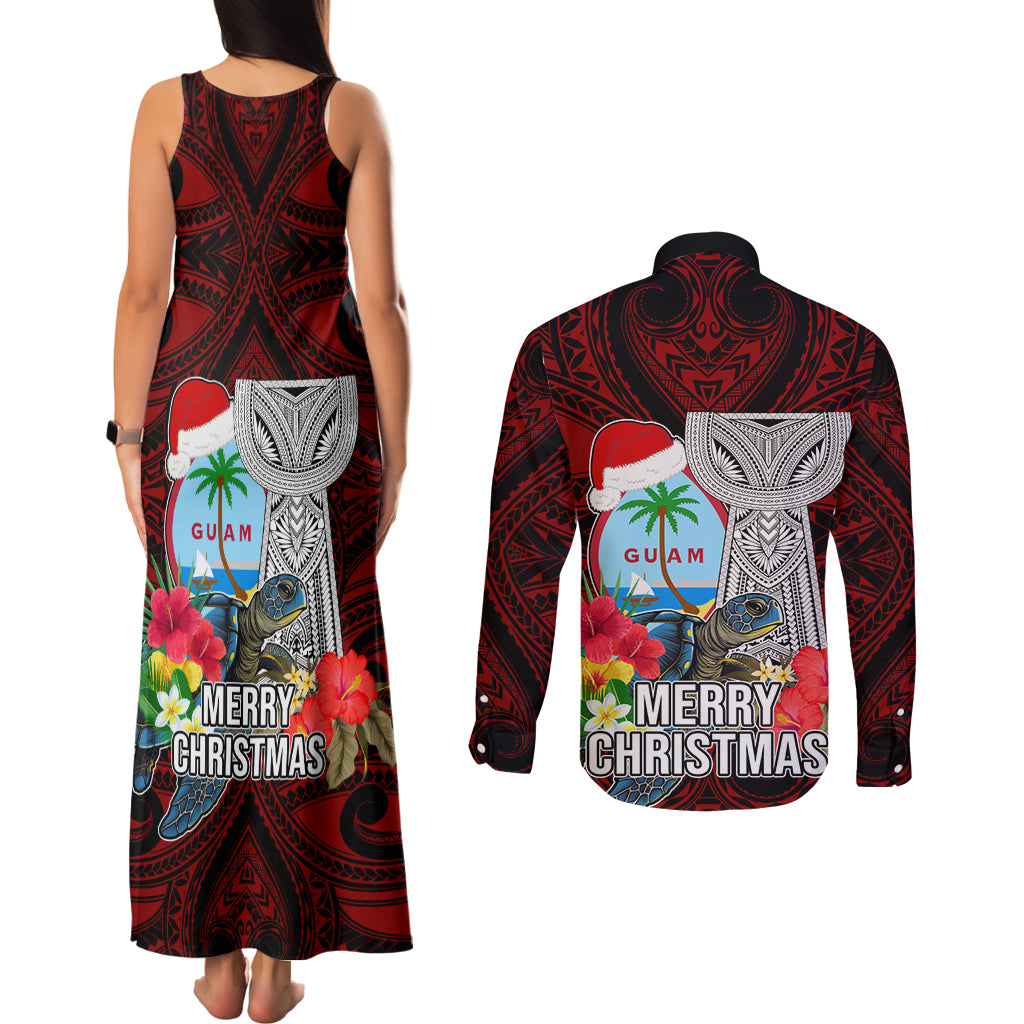 Guam Christmas Couples Matching Tank Maxi Dress and Long Sleeve Button Shirt Santa Gift Latte Stone and Sea Turle Mix Hibiscus Chamorro Red Style LT03 - Polynesian Pride