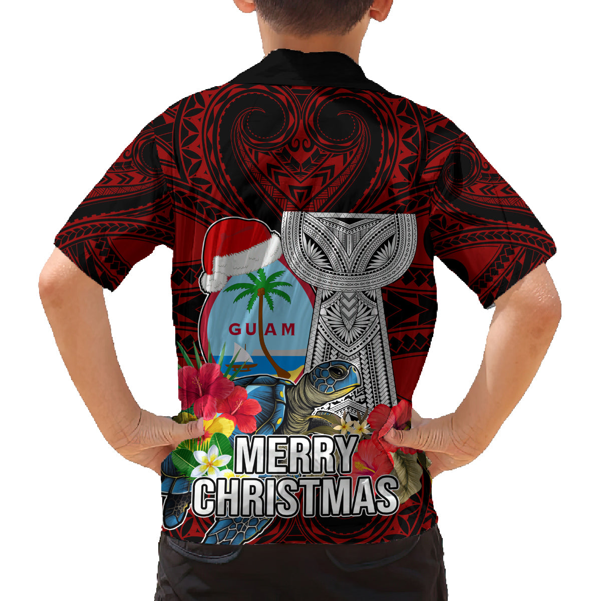 Guam Christmas Family Matching Long Sleeve Bodycon Dress and Hawaiian Shirt Santa Gift Latte Stone and Sea Turle Mix Hibiscus Chamorro Red Style LT03 - Polynesian Pride
