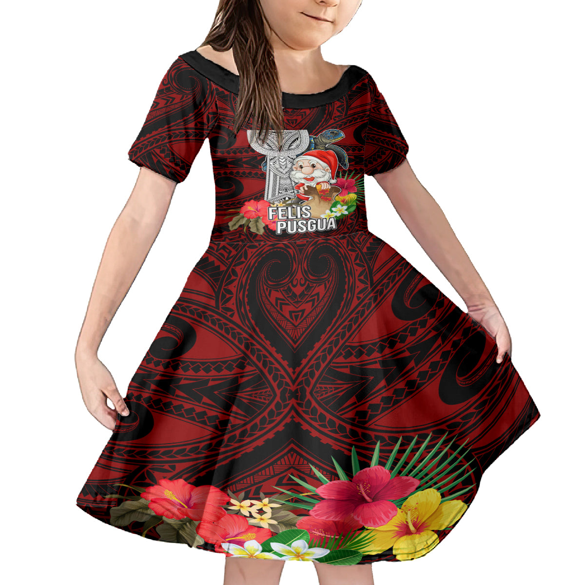 Guam Christmas Family Matching Long Sleeve Bodycon Dress and Hawaiian Shirt Santa Gift Latte Stone and Sea Turle Mix Hibiscus Chamorro Red Style LT03 Daughter's Dress Red - Polynesian Pride