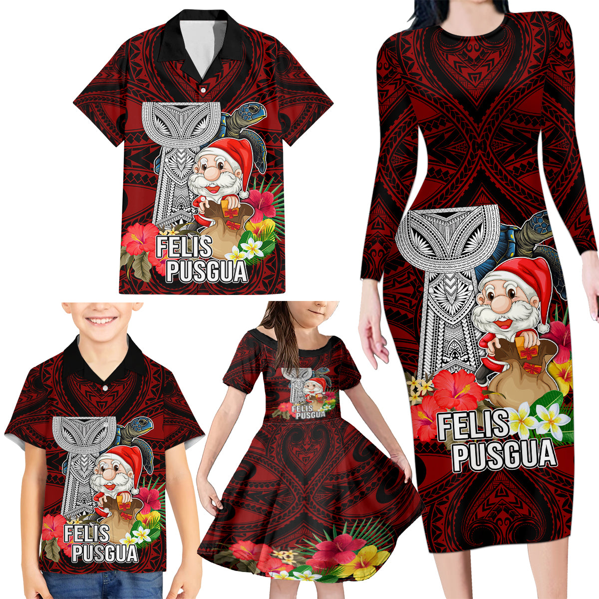 Guam Christmas Family Matching Long Sleeve Bodycon Dress and Hawaiian Shirt Santa Gift Latte Stone and Sea Turle Mix Hibiscus Chamorro Red Style LT03 - Polynesian Pride