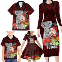 Guam Christmas Family Matching Long Sleeve Bodycon Dress and Hawaiian Shirt Santa Gift Latte Stone and Sea Turle Mix Hibiscus Chamorro Red Style LT03 - Polynesian Pride