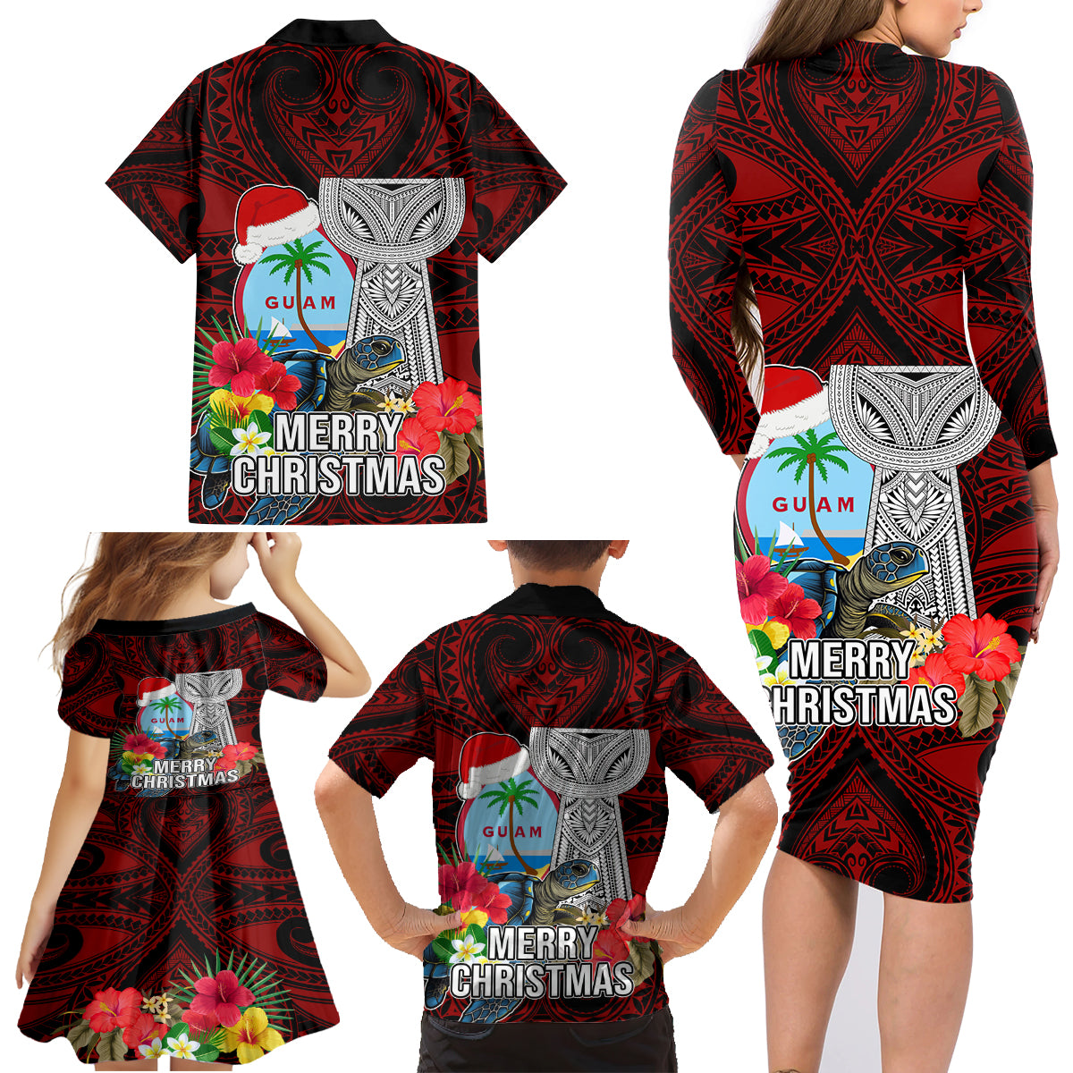 Guam Christmas Family Matching Long Sleeve Bodycon Dress and Hawaiian Shirt Santa Gift Latte Stone and Sea Turle Mix Hibiscus Chamorro Red Style LT03 - Polynesian Pride
