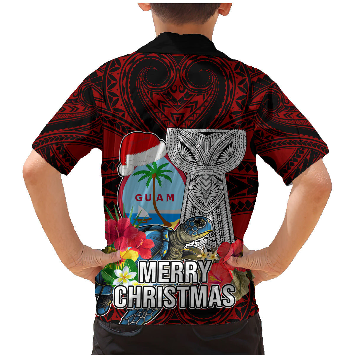 Guam Christmas Family Matching Mermaid Dress and Hawaiian Shirt Santa Gift Latte Stone and Sea Turle Mix Hibiscus Chamorro Red Style LT03 - Polynesian Pride