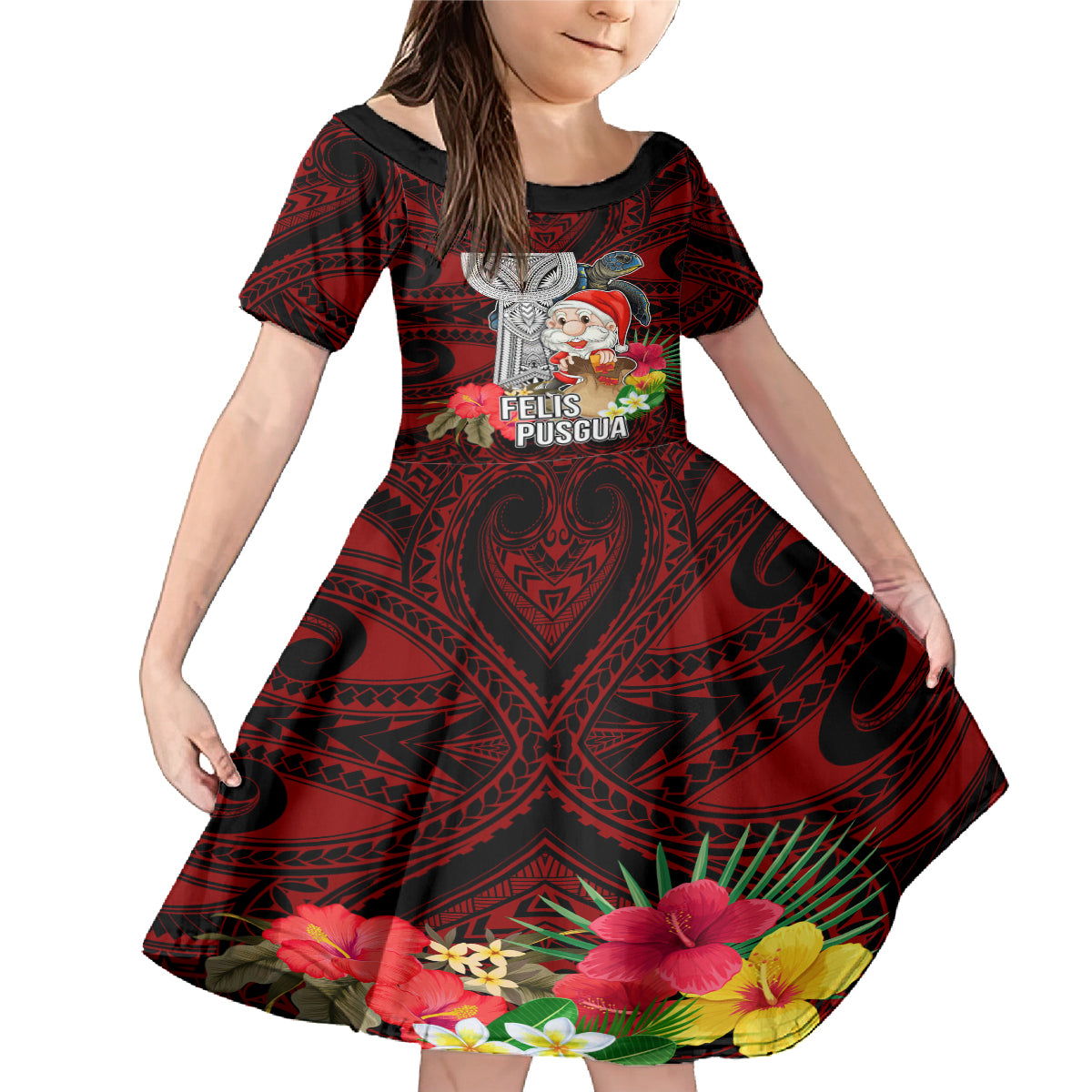 Guam Christmas Family Matching Mermaid Dress and Hawaiian Shirt Santa Gift Latte Stone and Sea Turle Mix Hibiscus Chamorro Red Style LT03 Daughter's Dress Red - Polynesian Pride