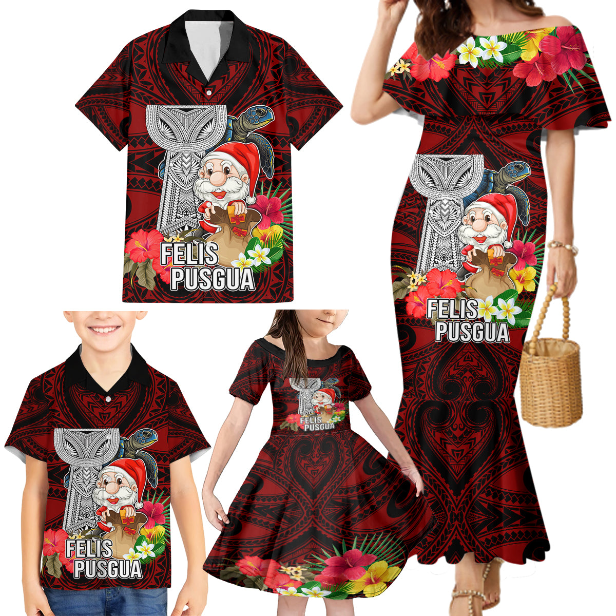 Guam Christmas Family Matching Mermaid Dress and Hawaiian Shirt Santa Gift Latte Stone and Sea Turle Mix Hibiscus Chamorro Red Style LT03 - Polynesian Pride