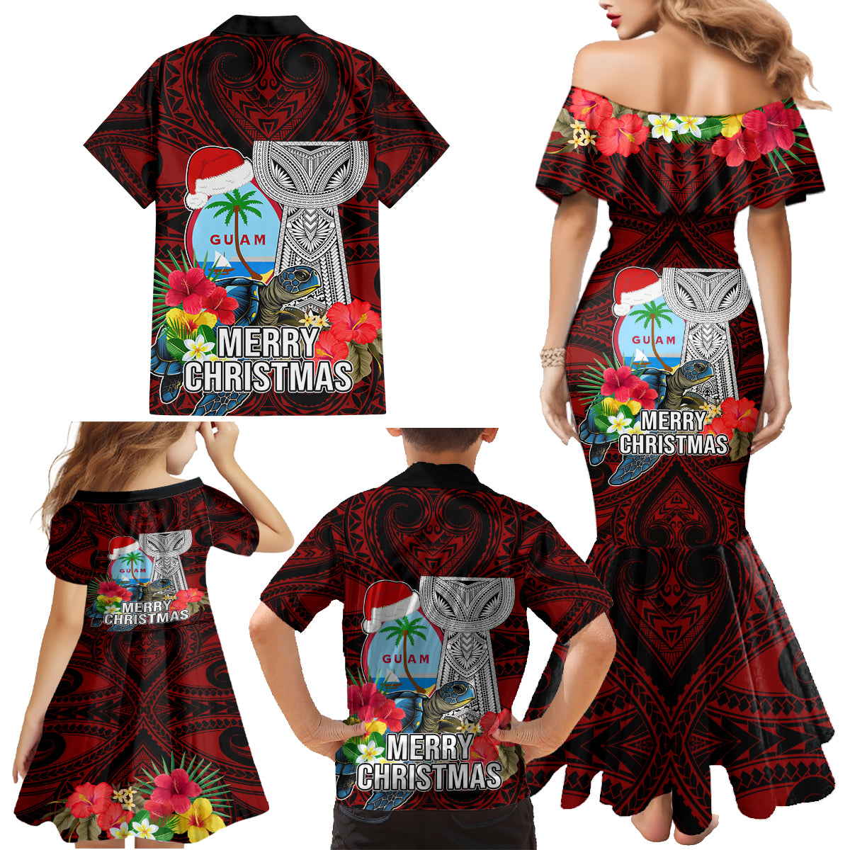 Guam Christmas Family Matching Mermaid Dress and Hawaiian Shirt Santa Gift Latte Stone and Sea Turle Mix Hibiscus Chamorro Red Style LT03 - Polynesian Pride
