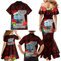 Guam Christmas Family Matching Mermaid Dress and Hawaiian Shirt Santa Gift Latte Stone and Sea Turle Mix Hibiscus Chamorro Red Style LT03 - Polynesian Pride