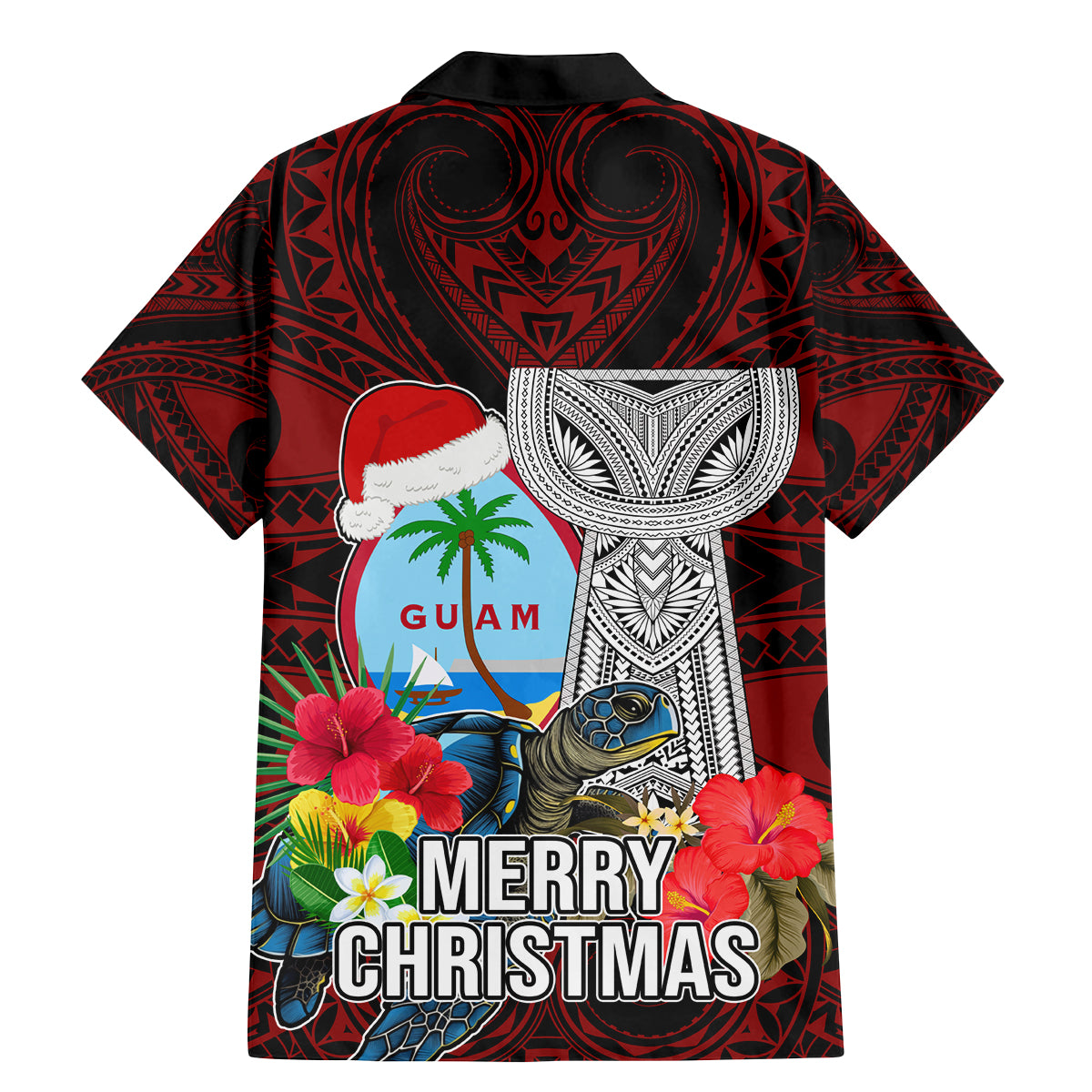 Guam Christmas Family Matching Mermaid Dress and Hawaiian Shirt Santa Gift Latte Stone and Sea Turle Mix Hibiscus Chamorro Red Style LT03 - Polynesian Pride