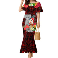 Guam Christmas Family Matching Mermaid Dress and Hawaiian Shirt Santa Gift Latte Stone and Sea Turle Mix Hibiscus Chamorro Red Style LT03 Mom's Dress Red - Polynesian Pride