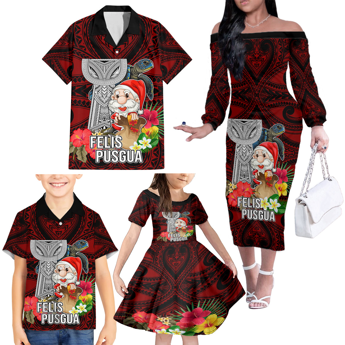 Guam Christmas Family Matching Off Shoulder Long Sleeve Dress and Hawaiian Shirt Santa Gift Latte Stone and Sea Turle Mix Hibiscus Chamorro Red Style LT03 - Polynesian Pride