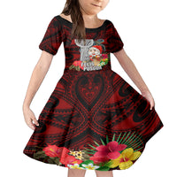 Guam Christmas Family Matching Off Shoulder Maxi Dress and Hawaiian Shirt Santa Gift Latte Stone and Sea Turle Mix Hibiscus Chamorro Red Style LT03 Daughter's Dress Red - Polynesian Pride