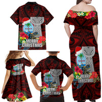 Guam Christmas Family Matching Off Shoulder Maxi Dress and Hawaiian Shirt Santa Gift Latte Stone and Sea Turle Mix Hibiscus Chamorro Red Style LT03 - Polynesian Pride