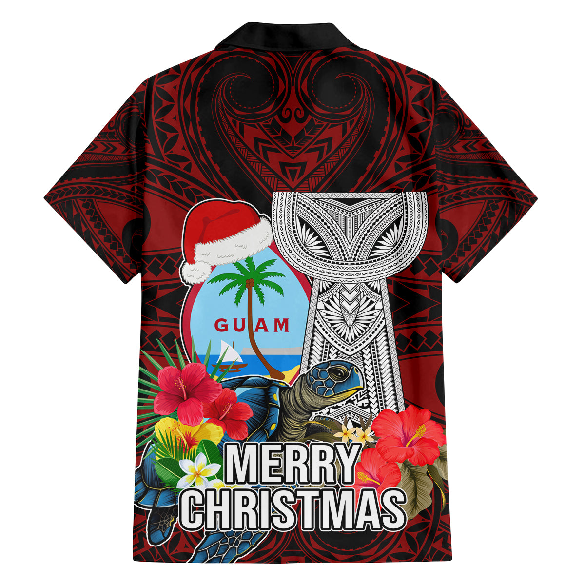 Guam Christmas Family Matching Off Shoulder Maxi Dress and Hawaiian Shirt Santa Gift Latte Stone and Sea Turle Mix Hibiscus Chamorro Red Style LT03 - Polynesian Pride